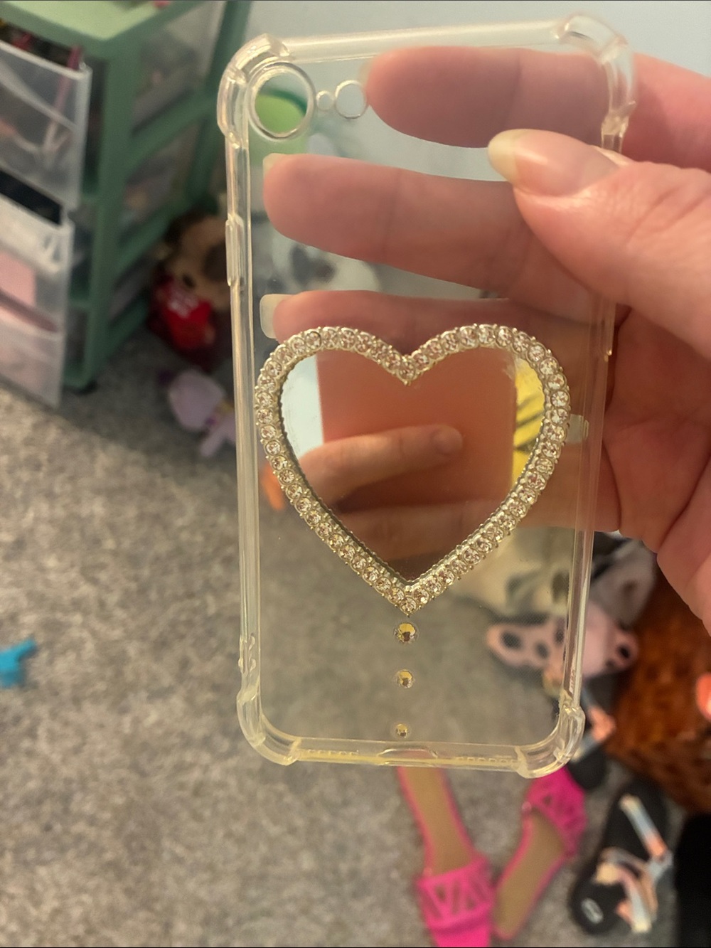 Crystal Heart Mirror Phone Case with Gold Rhinestone Trim iPhone SE